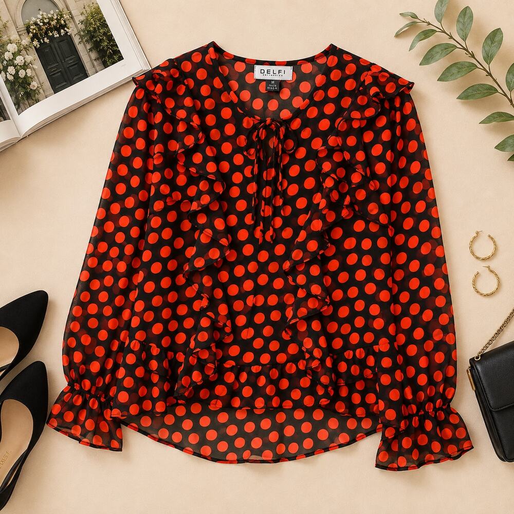 Delfi Vintage Black Red Polka Dot Ruffle Blouse Sheer Long Sleeve Medium USA